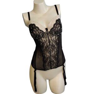 Victoria's Secret Black & Cream Lace Bustier Corset Garter Top 36C Vintage Style